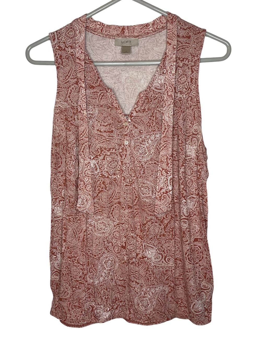 LOFT Sleeveless Paisley Henley Casual Pullover Tank Top in Dusty Rose